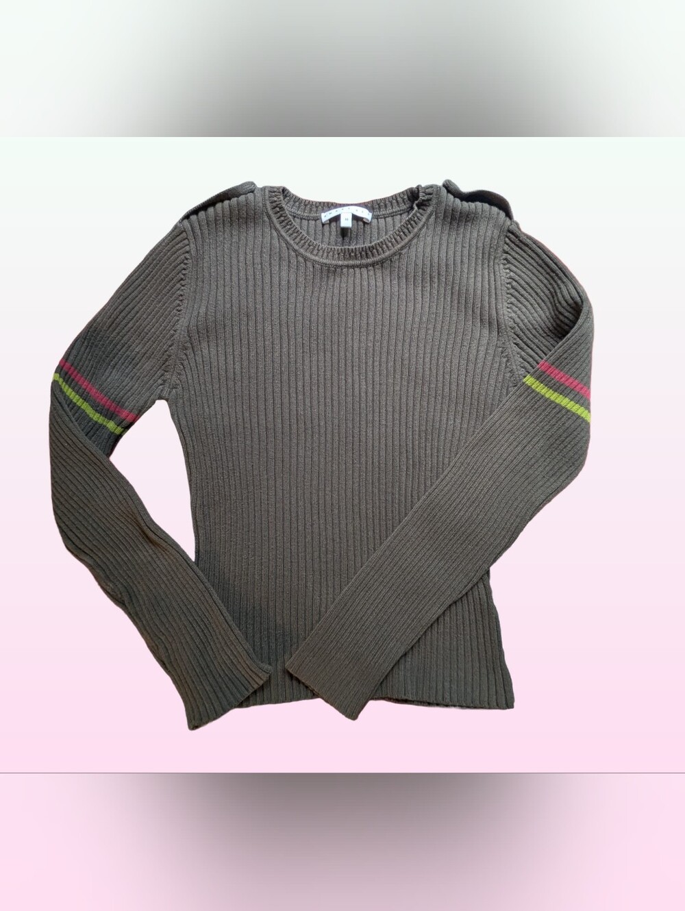 Smart Set Olive Green Ribbed Sweater Medium M Y2K Arm Stripe Epaulet Knit